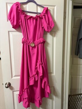 Fuchsia Ruffled Off-Shoulder high Low Dress with Belt